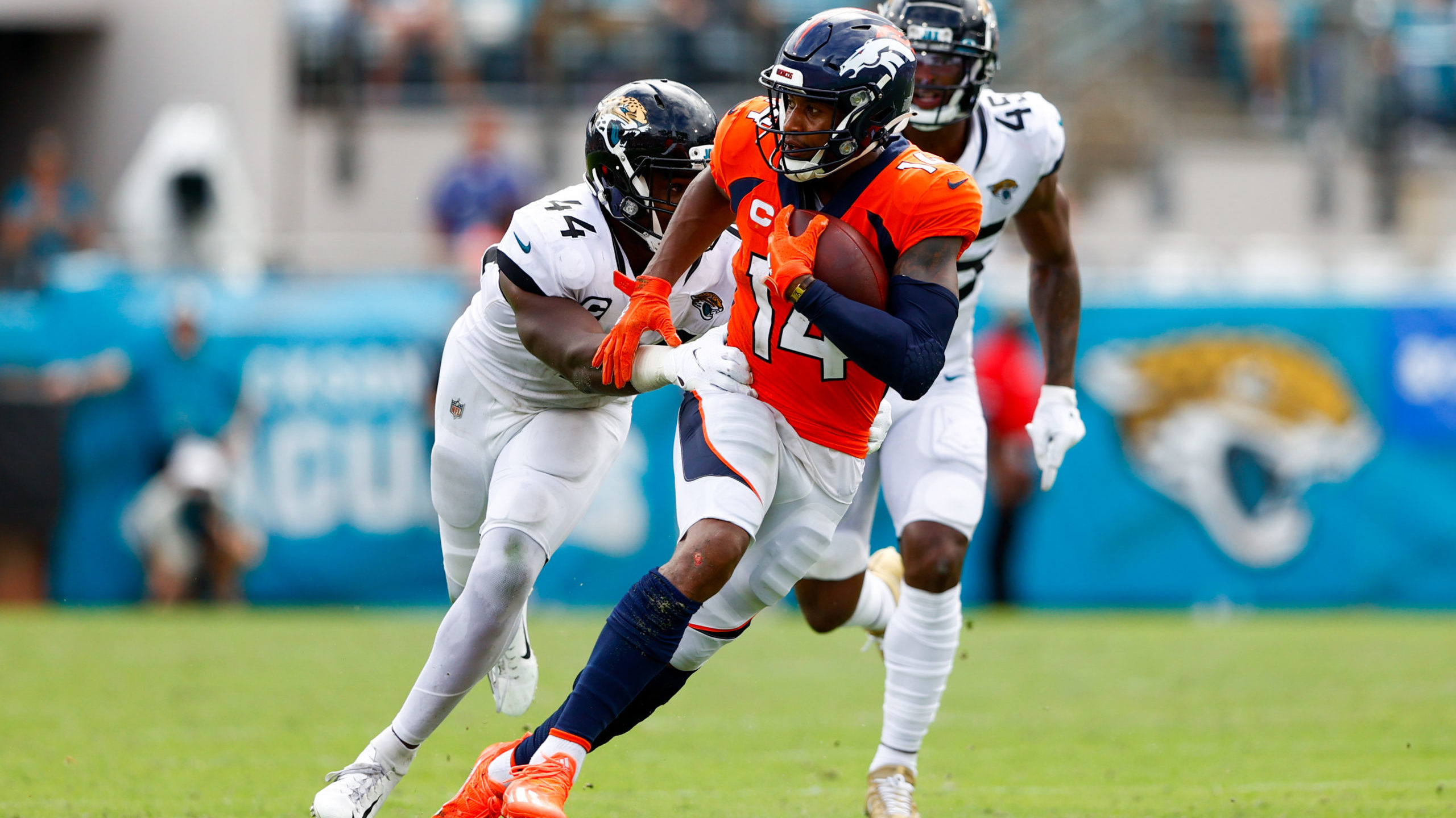 Courtland Sutton of the Denver Broncos lines up on offense against