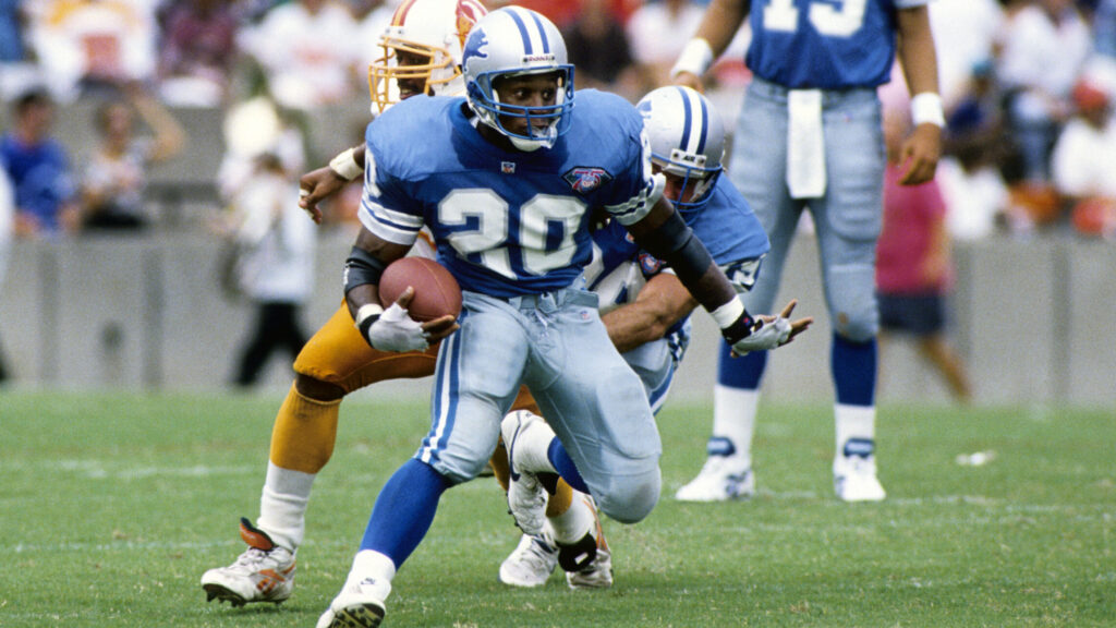 Oct 2, 1994; Tampa, FL, USA; FILE PHOTO; Detroit Lions running back Barry Sanders (20) in action against the Tampa Bay Buccaneers at Tampa Stadium. Mandatory Credit: USA TODAY Sports