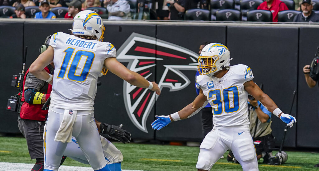 Los Angeles Chargers quarterback Justin Herbert and running back Austin Ekeler