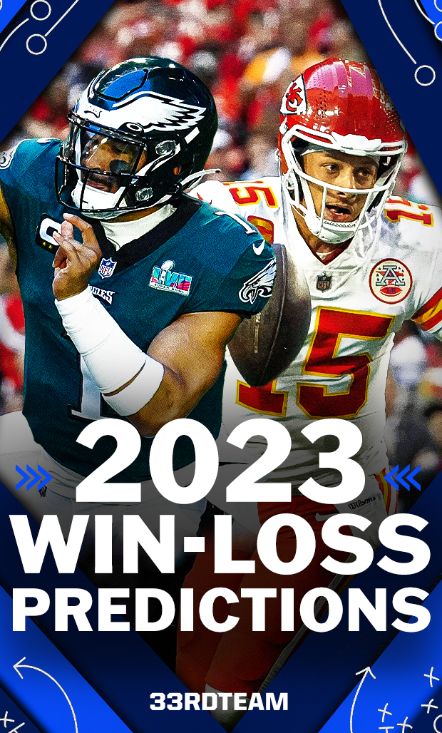 2023 win loss predictions with football players in background