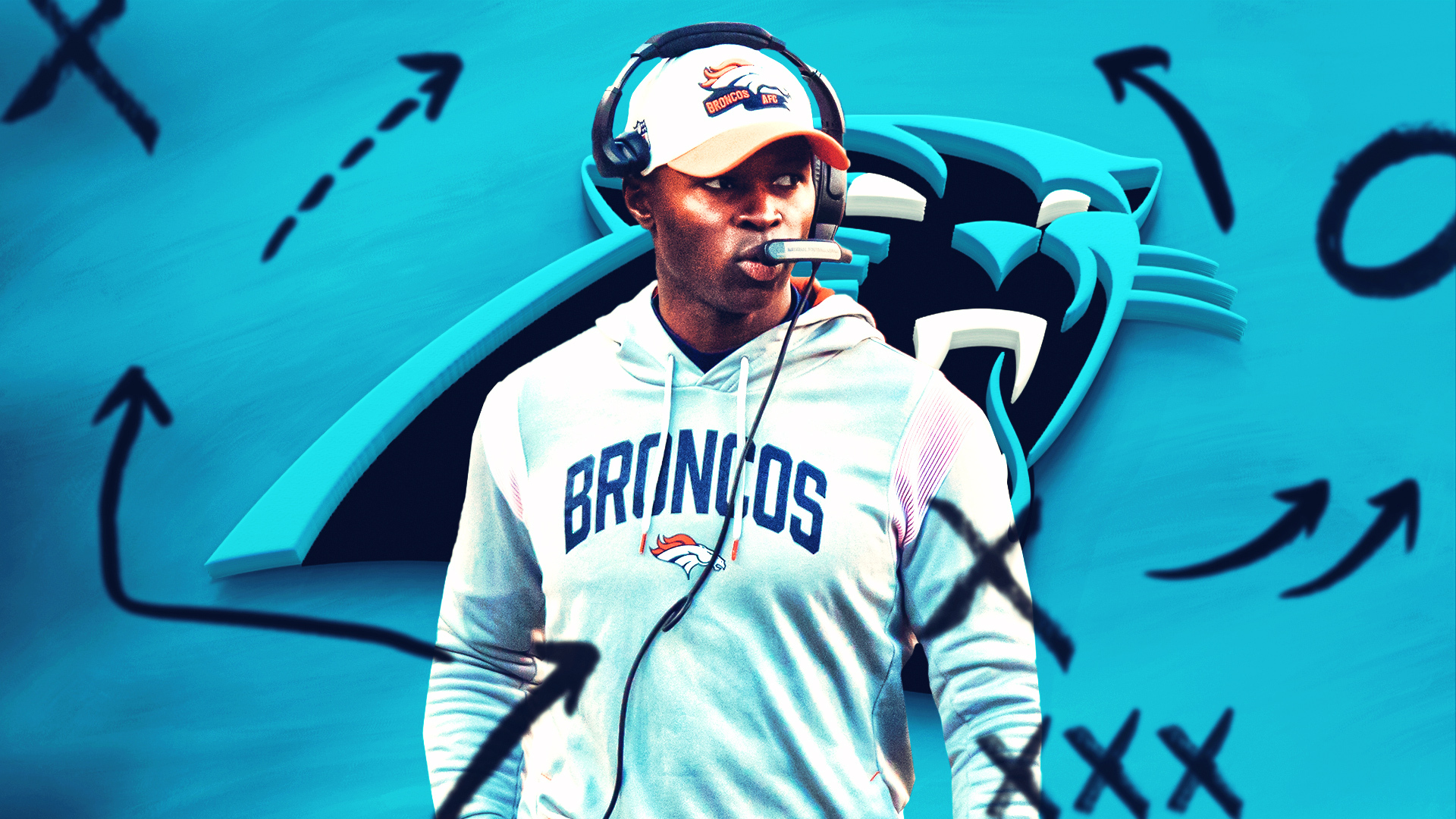 Graphic of Carolina Panthers defensive coordinator standing in front of a Carolina blue background with the Panthers logo and Xs and Os