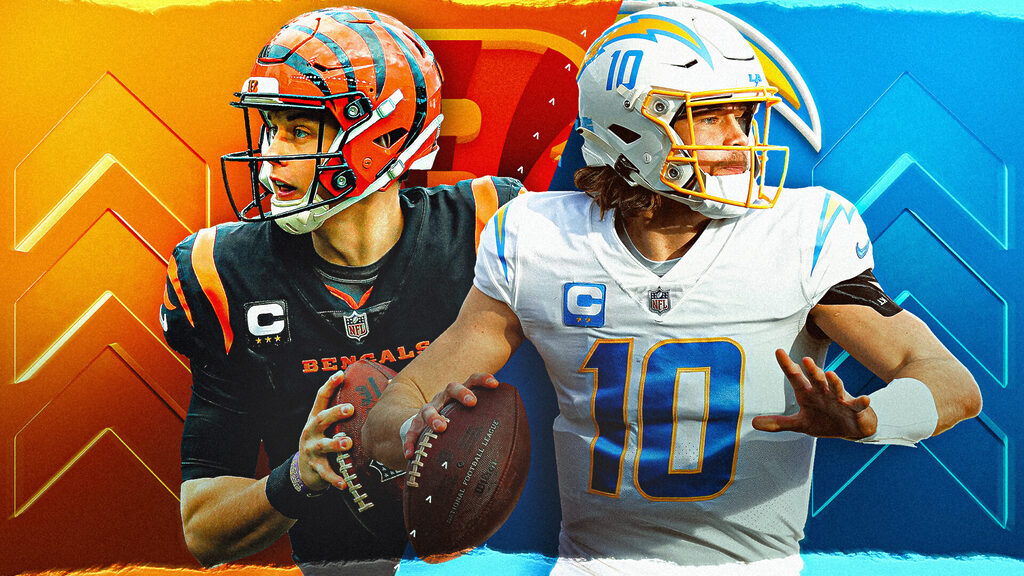 Graphic of Cincinnati Bengals quarterback Joe Burrow and Los Angeles Chargers quarterback Justin Herbert in front of a background made of their team's respective colors