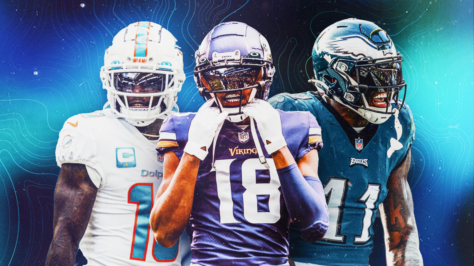 Graphic featuring Miami Dolphins wide receiver Tyreek Hill, Minnesota Vikings wide receiver Justin Jefferson and Philadelphia Eagles wide receiver A.J. Brown