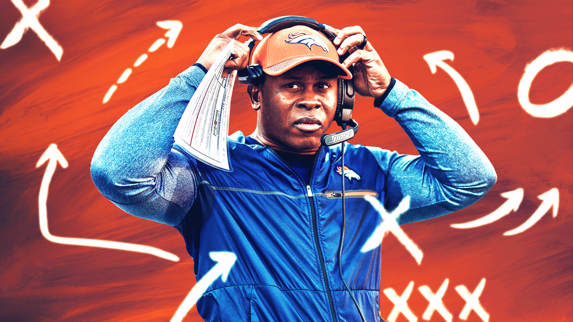 A graphic of Vance Joseph in a Denver Broncos hat on an orange background with various Xs and Os