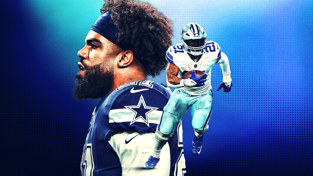 Two images of Ezekiel Elliott in a Dallas Cowboys uniform