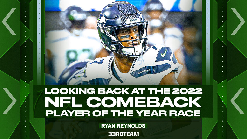 A photo of Geno Smith above the text "Looking back at the 2022 NFL Comeback Player of the Year Race; Ryan Reynolds; 33rd Team" and on a black-and-green background