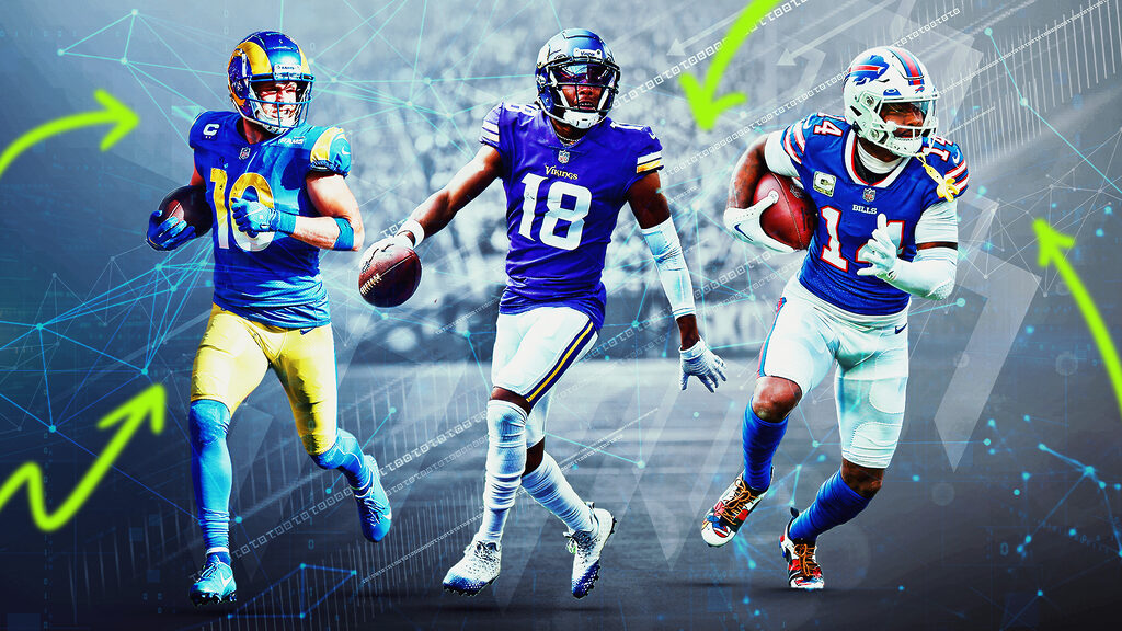 A graphic featuring, from left to right, Cooper Kupp, Justin Jefferson, and Stefon Diggs. The three have been cut out and placed in front of a background that shows a football field with green arrows drawn on.
