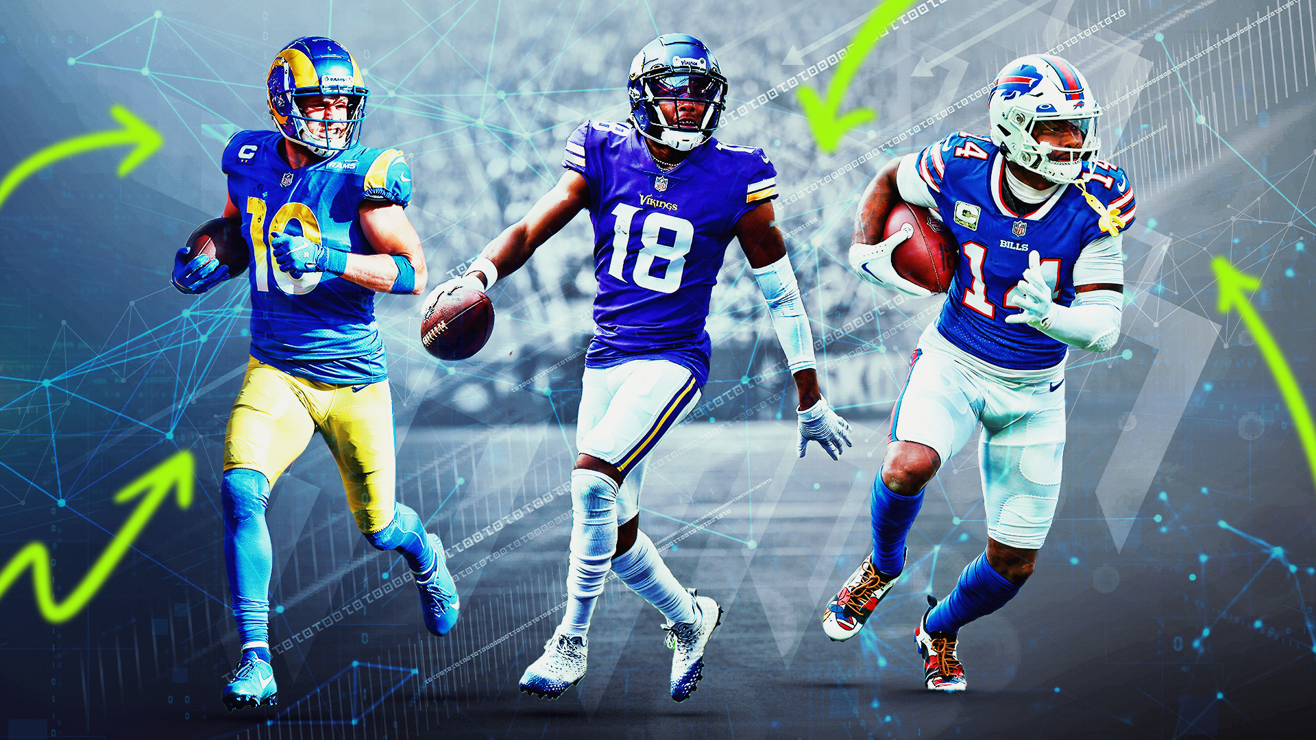 A graphic featuring, from left to right, Cooper Kupp, Justin Jefferson, and Stefon Diggs. The three have been cut out and placed in front of a background that shows a football field with green arrows drawn on.