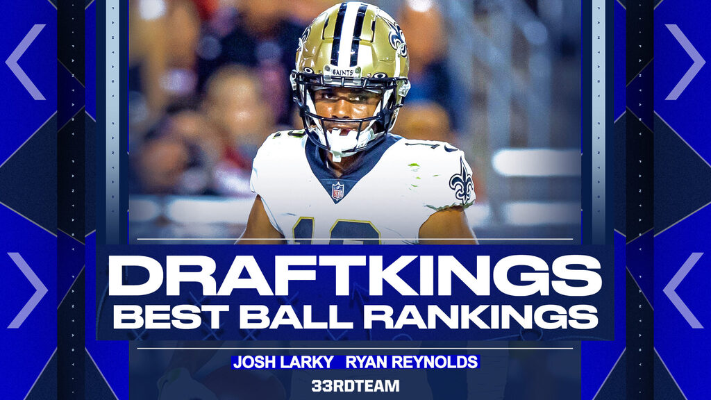 Image of David Montgomery along with text that says "DraftKings Best Ball Rankings, Josh Larky and Ryan Reynolds, 33rd Team" in front of a background with purple arrows
