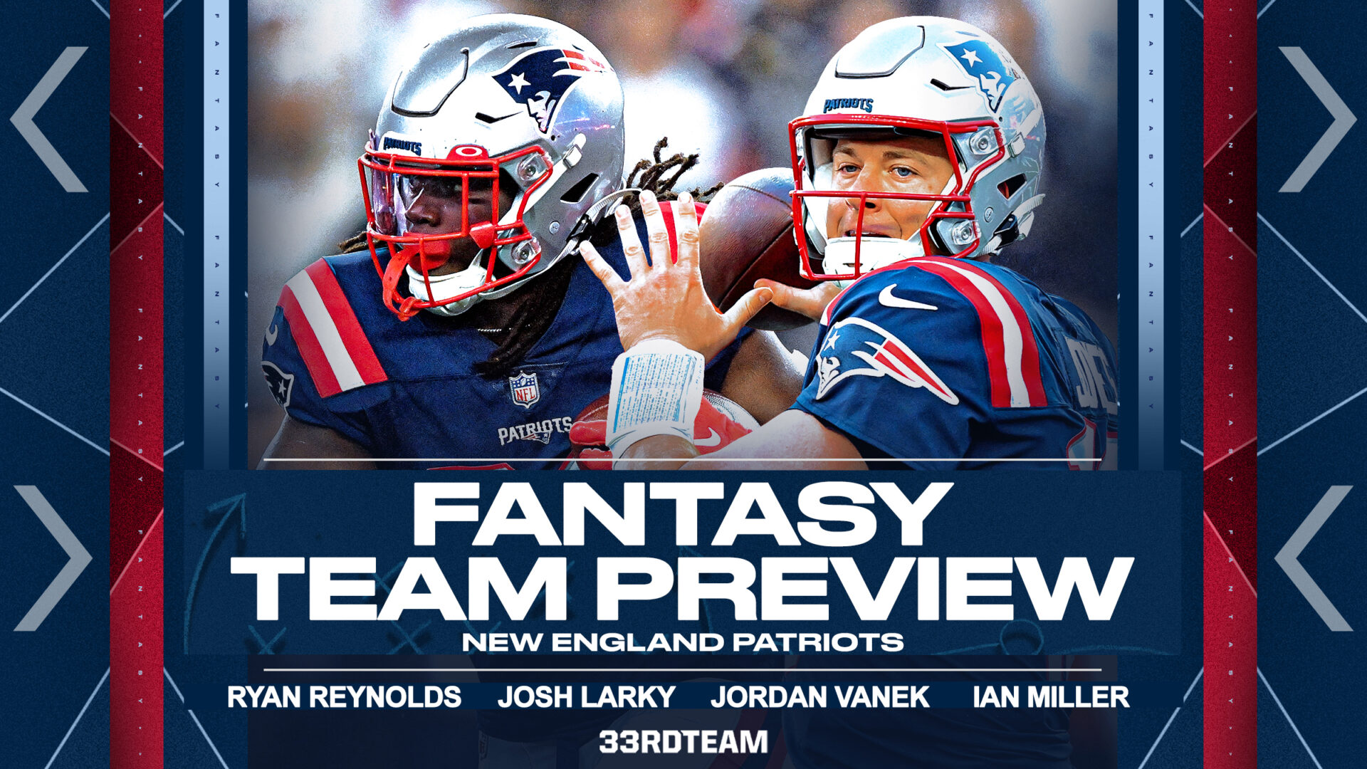 Blue and red graphic featuring close-up shots of Mac Jones and Rhamondre Stevenson in front of text that reads "Fantasy Team Preview, New England Patriots"
