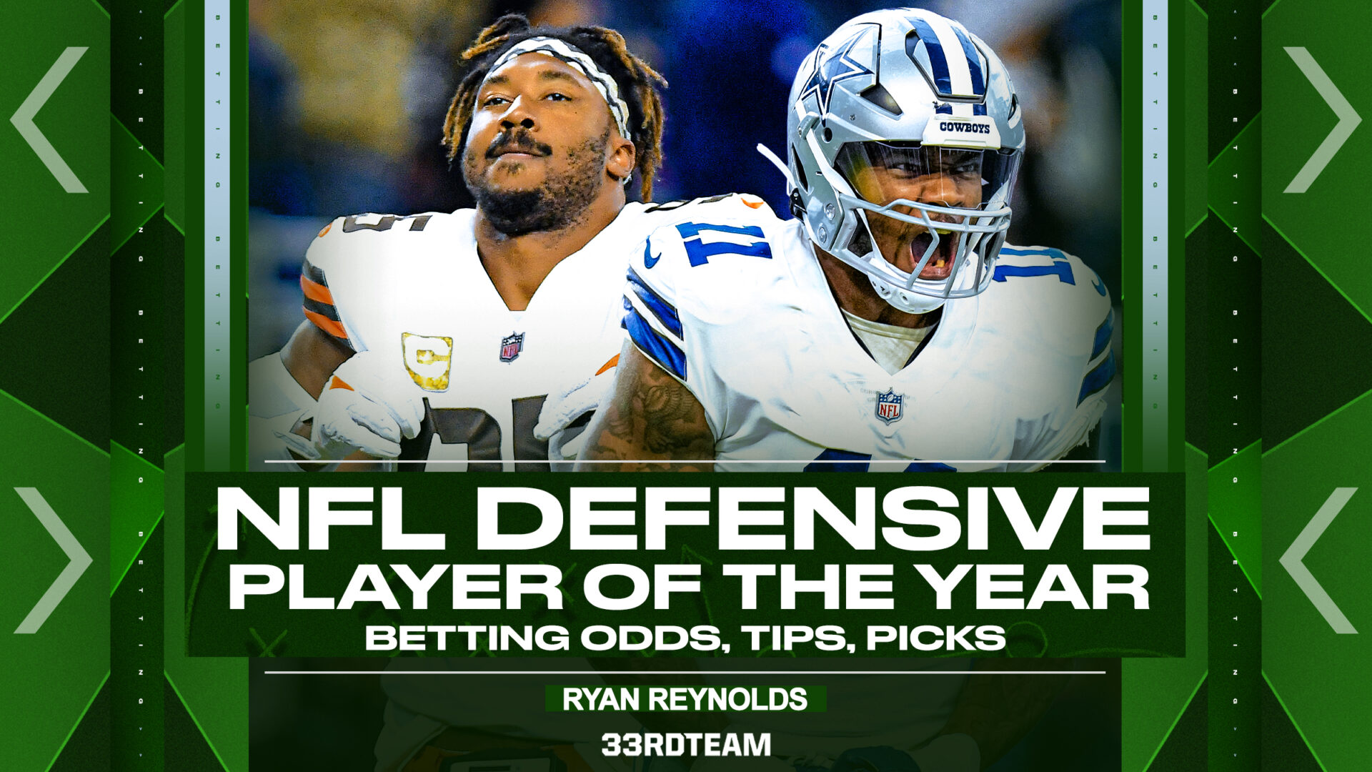 Graphic featuring cut-out images of Myles Garrett (L) and Micah Parsons (R) with green arrows on the side. The text reads "NFL Defensive Player of the Year Betting Odds"