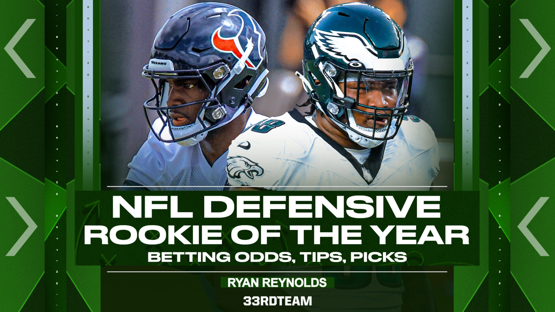 Will Anderson and Jalen Carter alongside text that says "NFL Defensive Rookie of the Year"