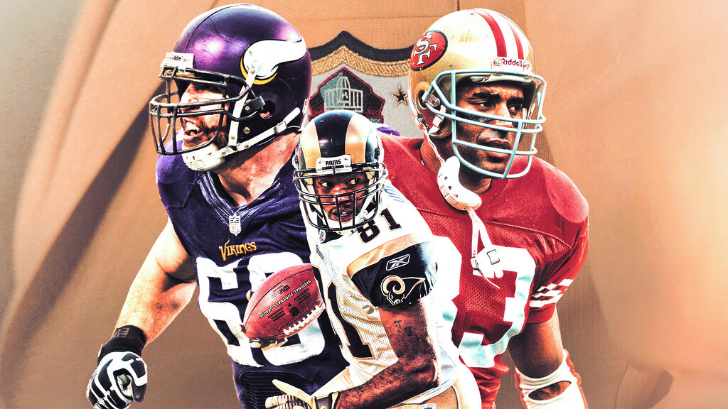 Players who deserve gold jackets graphic featuring cutouts of Jared Allen, Torry Holt, and Roger Craig
