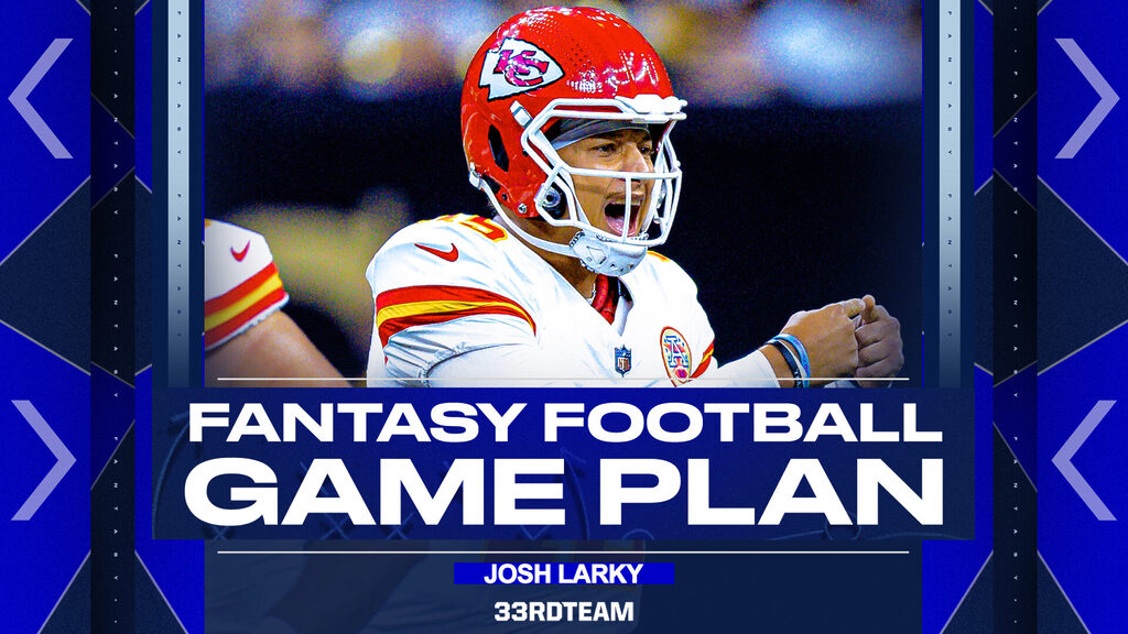 A close-up shot of Patrick Mahomes with text that reads "Fantasy Football Game Plan" with a black and purple background around the image and text