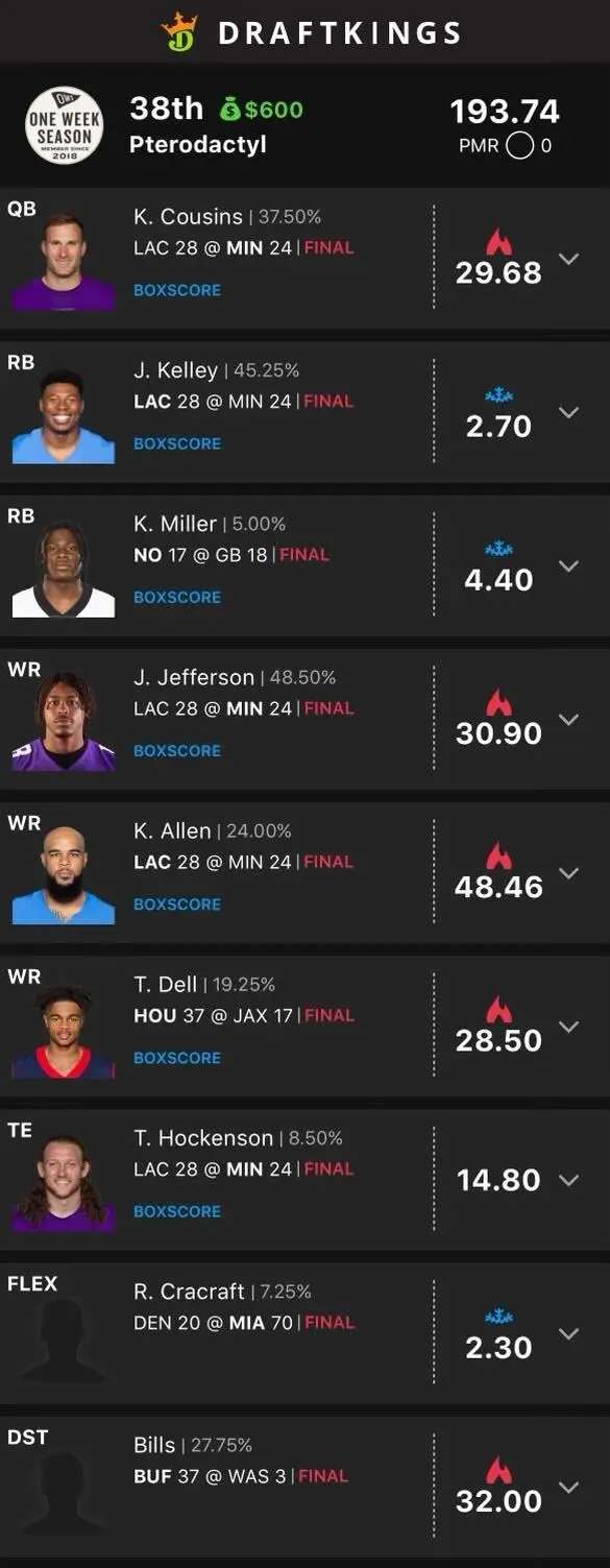 draft kings line up week 3