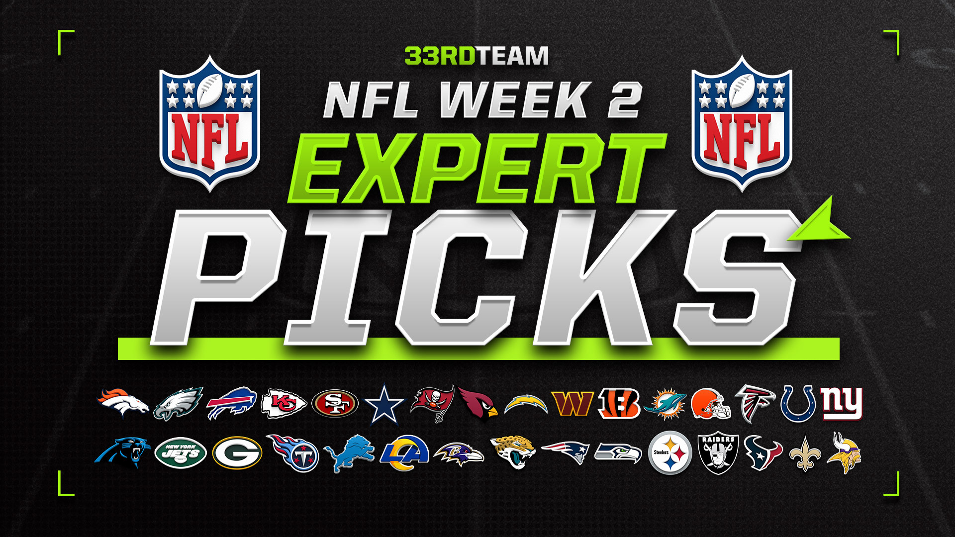 Text reads "NFL Week 2 Expert Picks" and has images of all the NFL logos along the bottom of the graphic