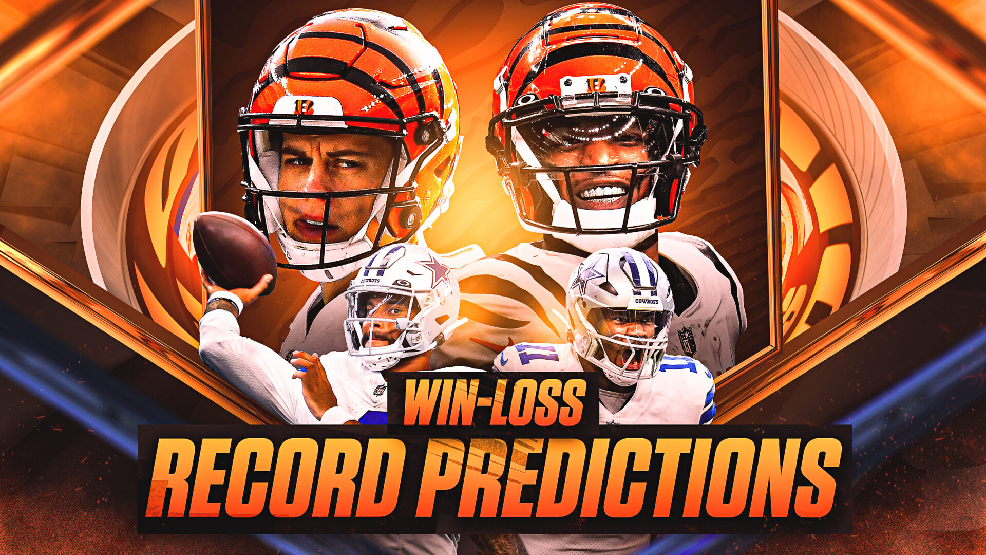 A graphic that reads "Win-Loss Record Predictions" and features two Cincinnati Bengals players above two Dallas Cowboys