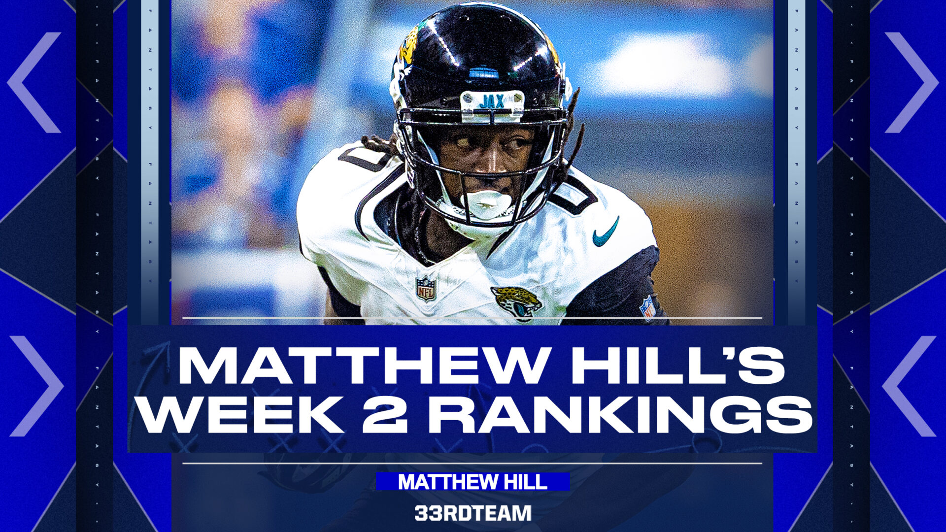 Calvin Ridley close-up image with text "Matthew Hill's Week 2 Rankings"