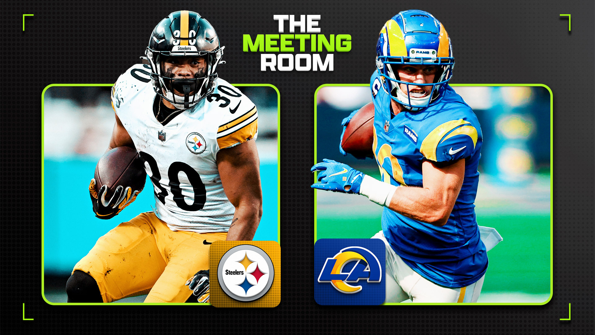 Meeting Room graphic for the Steelers-Rams game featuring Cooper Kupp and Jaylen Warren