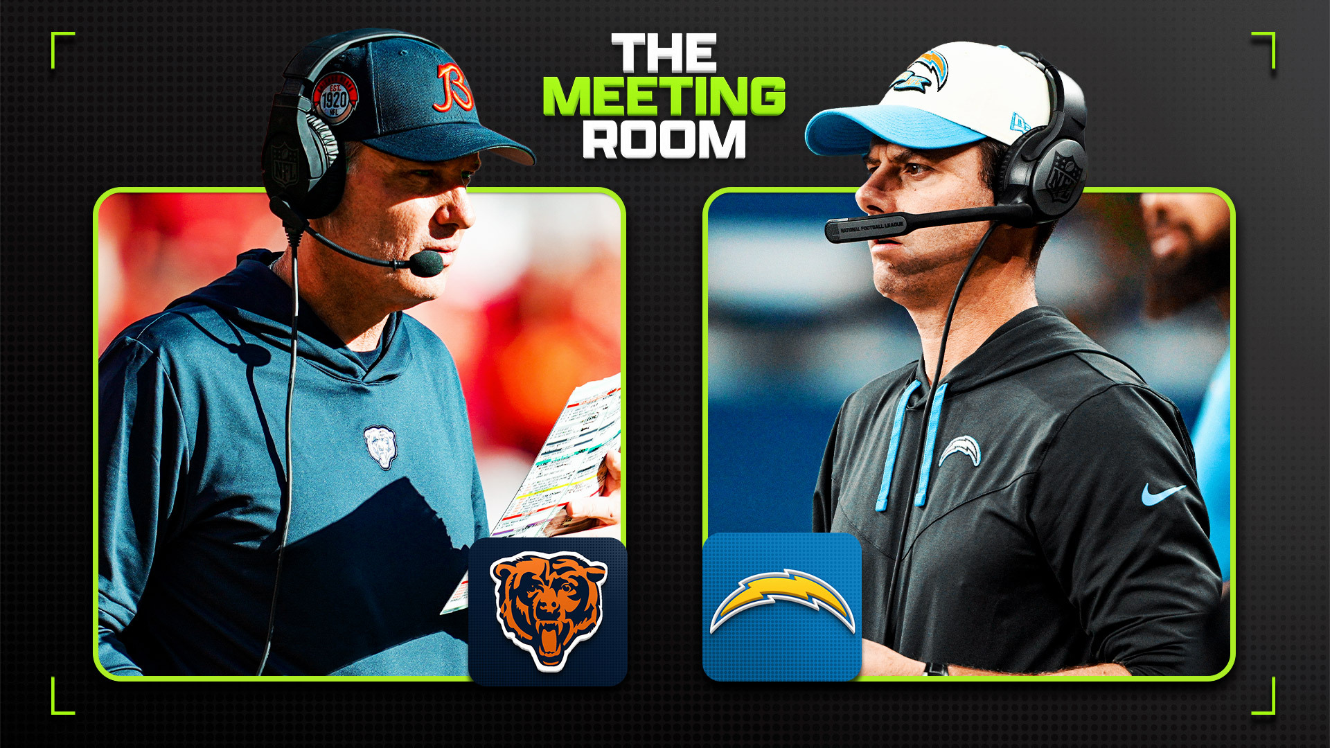 graphic with text that reads "The Meeting Room" with images of Matt Eberflus on the left and Brandon Staley on the right