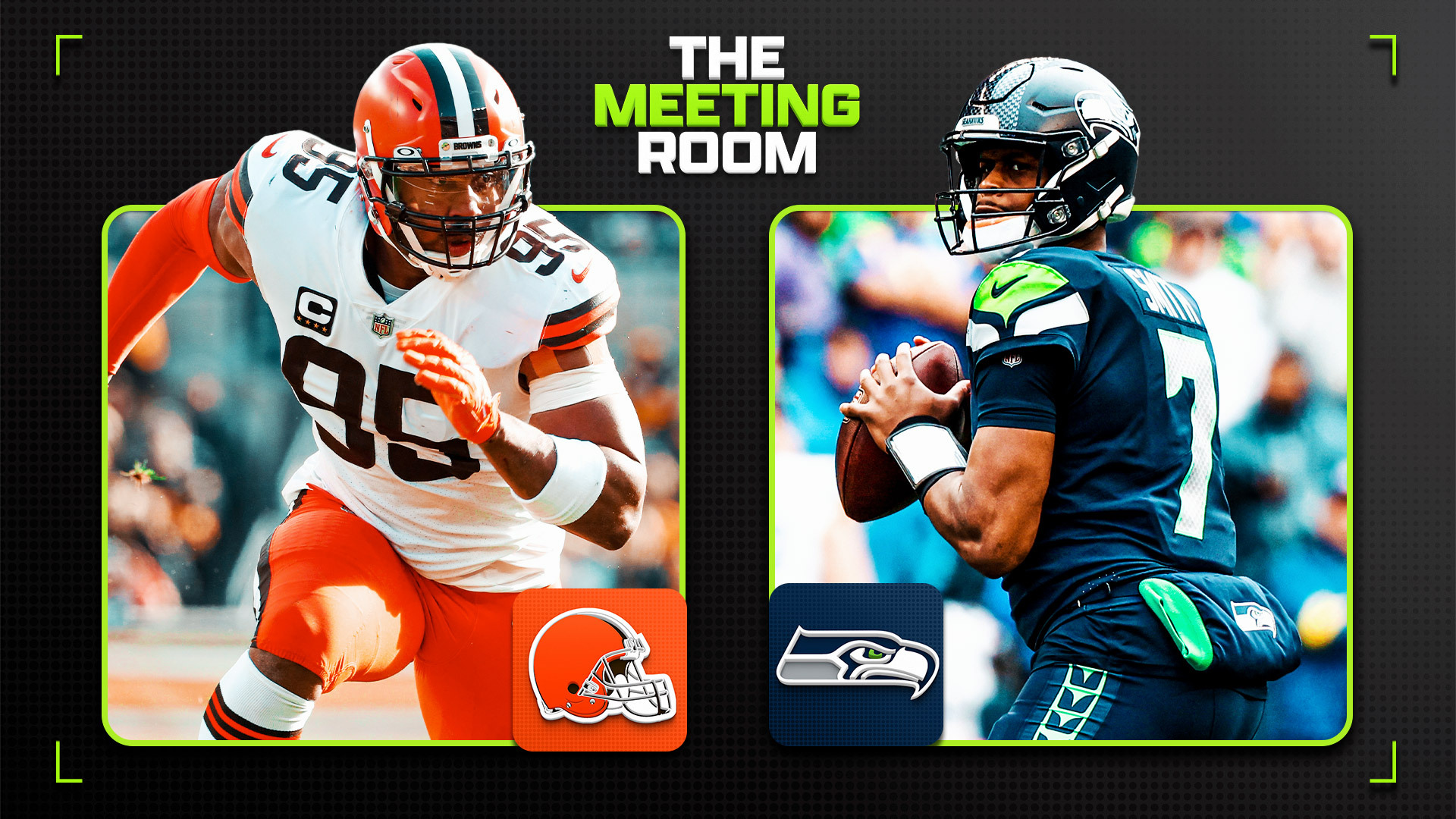 The Meeting Room graphic featuring Myles Garrett on the left and Geno Smith on the right