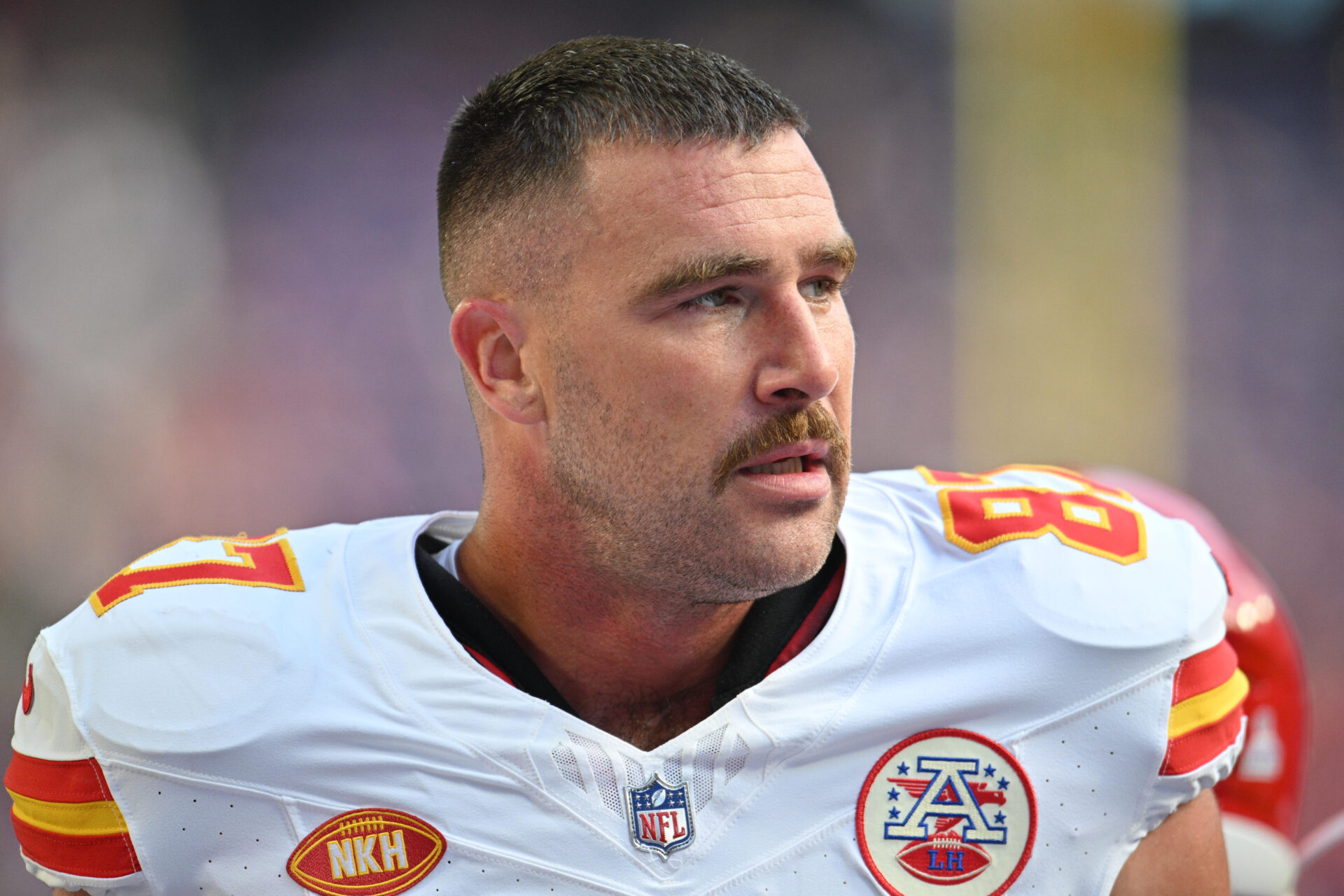 Close-up shot of Travis Kelce without a helmet