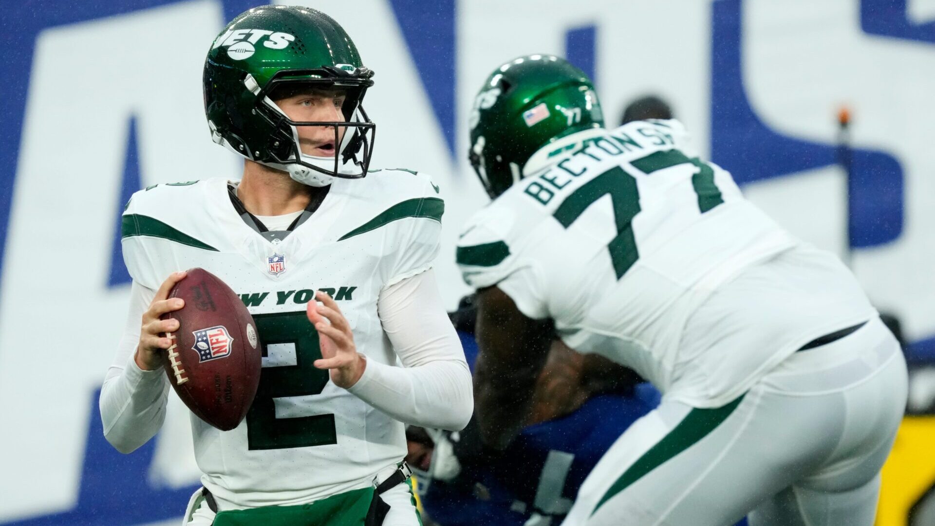 New York Jets QB Zach Wilson drops back to pass