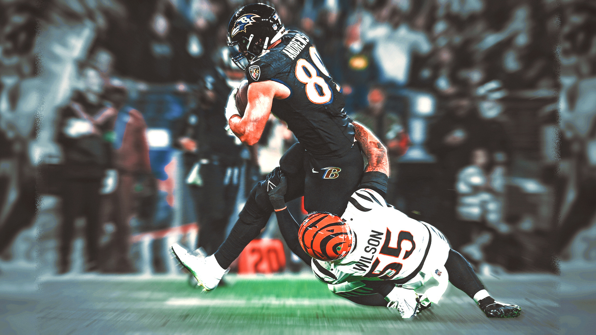Graphic of Mark Andrews being tackled low