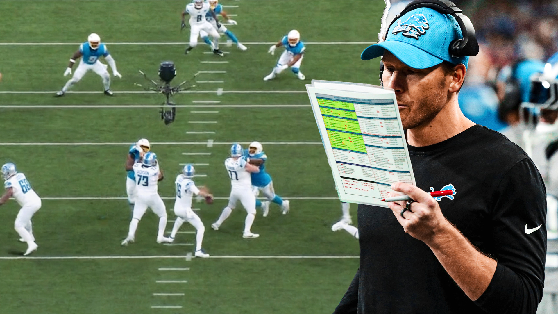 A graphic featuring game tape of Jared Goff throwing the ball on the left and a cutout of Lions OC Ben Johnson calling a play on the right
