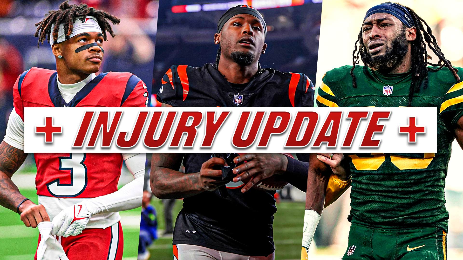 Images of Tank Dell, Tee Higgins and Aaron Jones with text that reads "Injury Update" in red