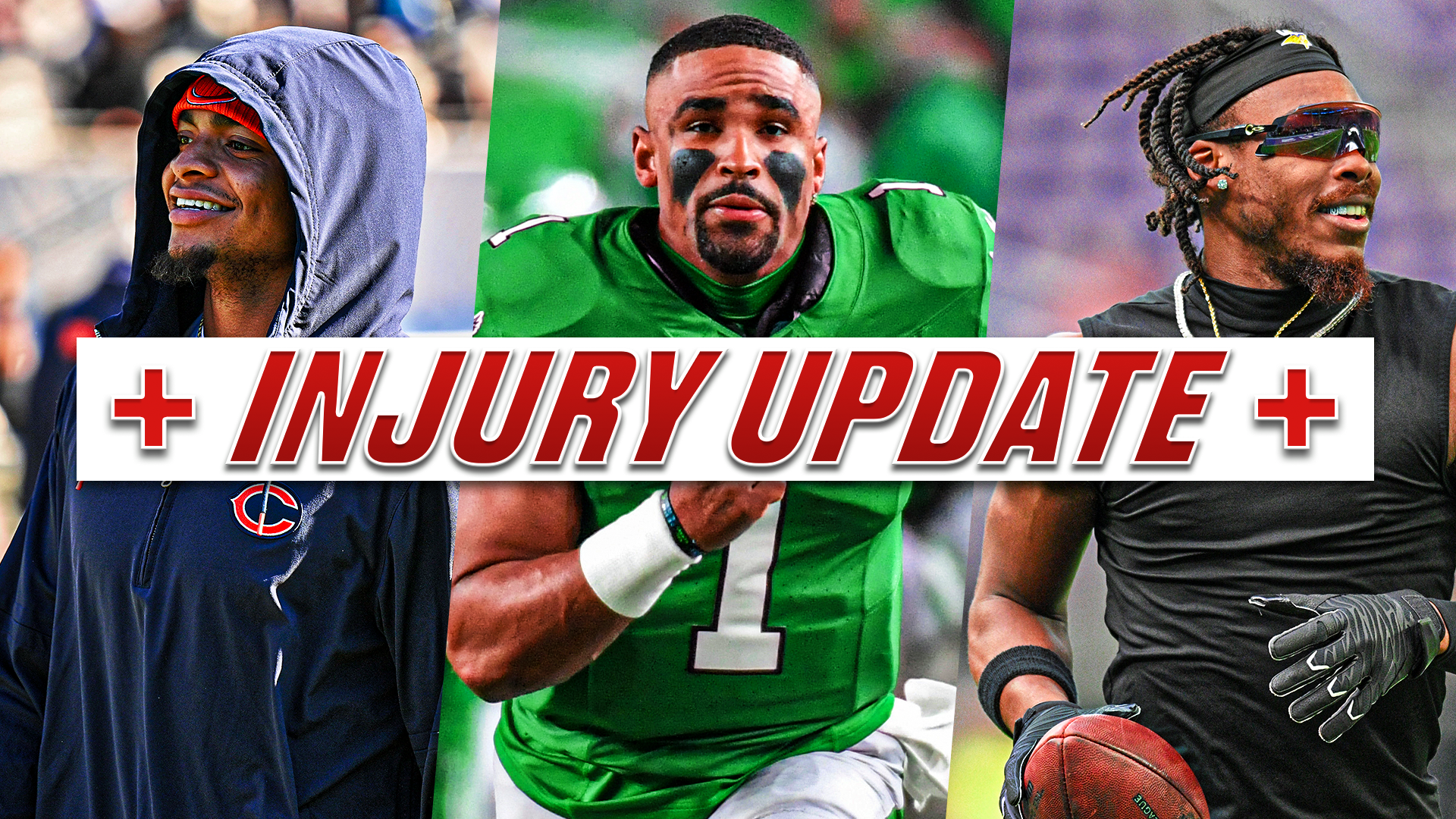 Split images of Justin Fields, Jalen Hurts, and Justin Jefferson with text that reads "injury update"