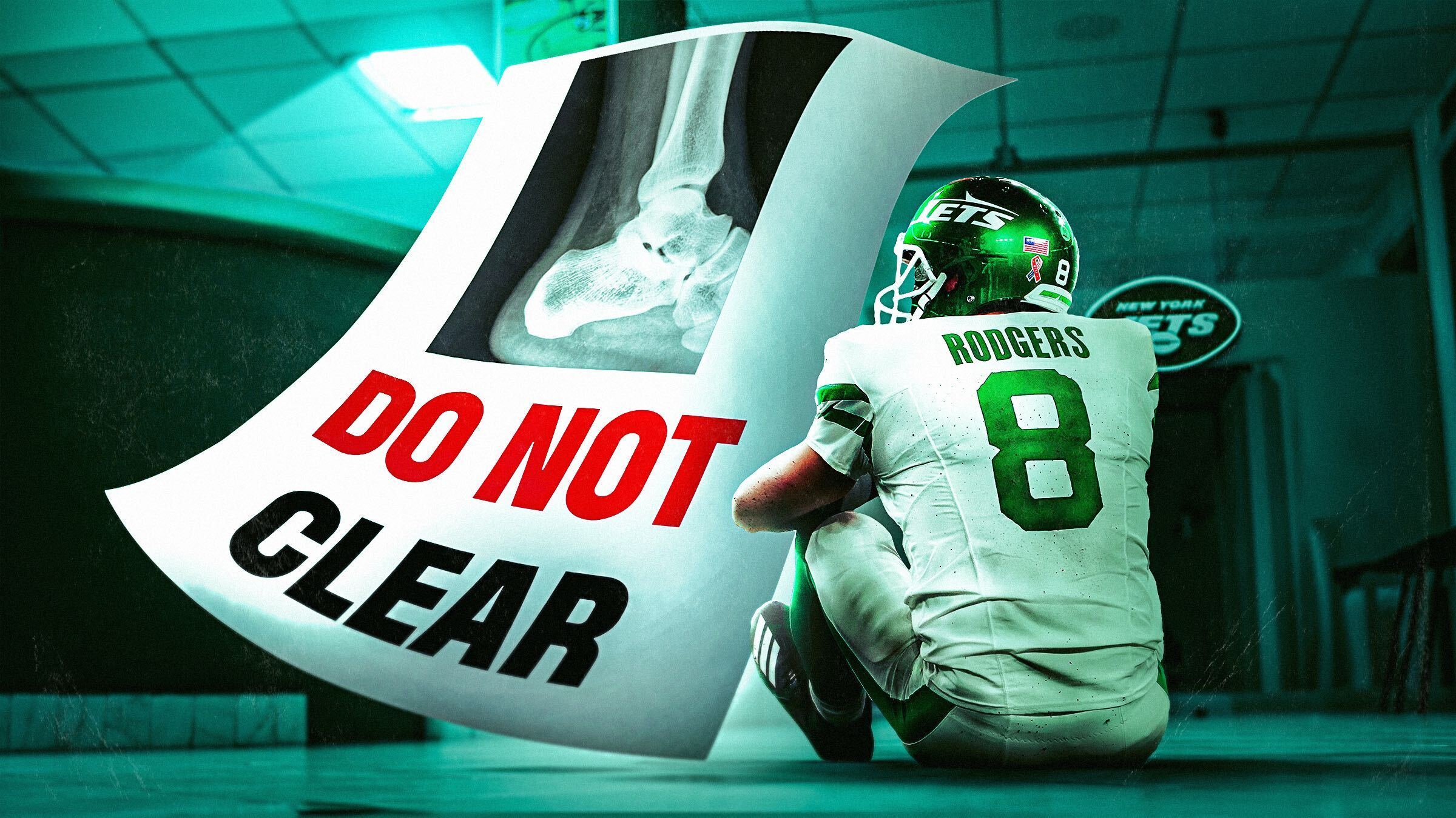 Blue-green background with Aaron Rodgers sitting in front of a sign that has an X-ray and the text "do not clear"
