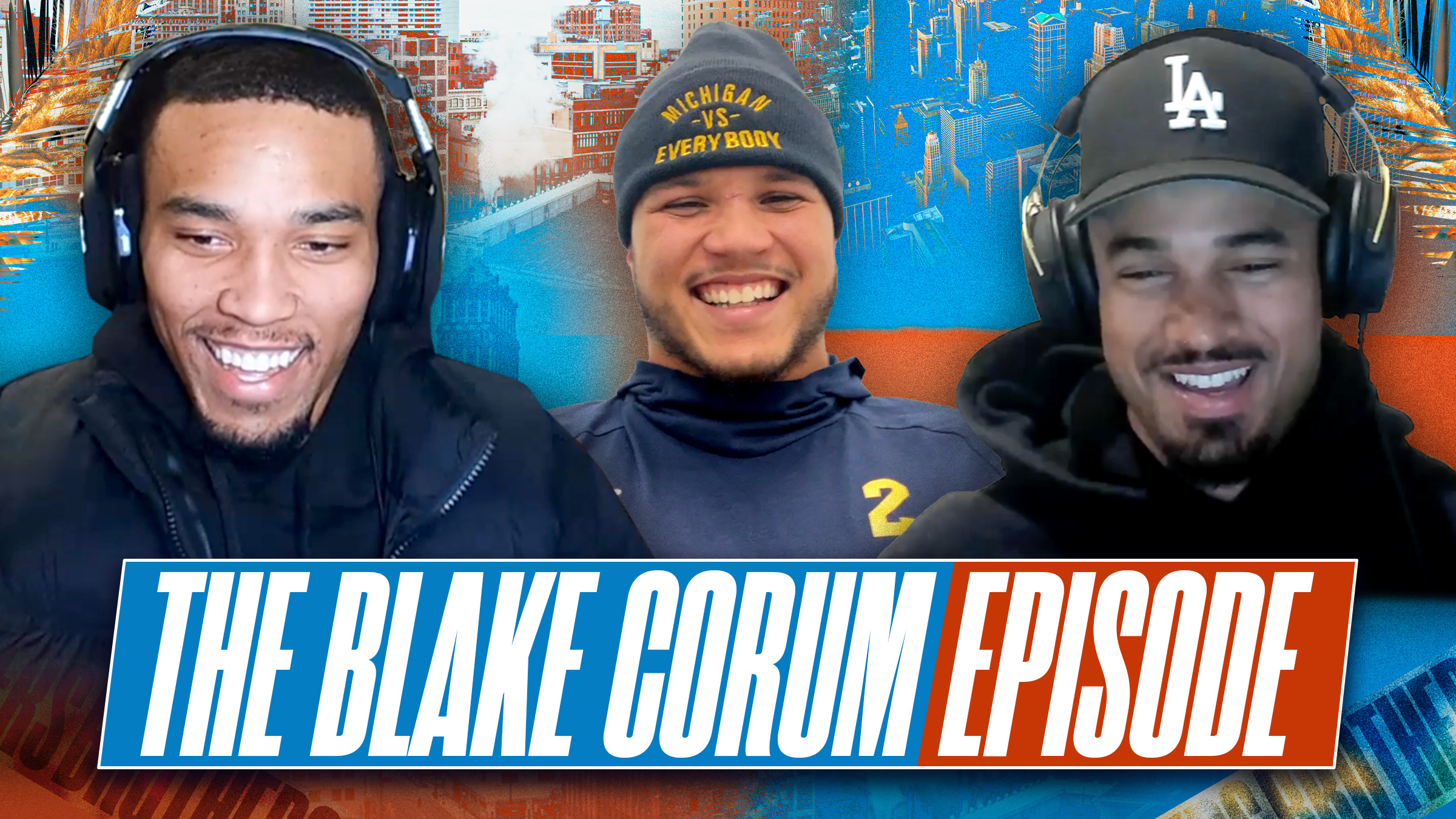 Video thumbnail with Amon-Ra St. Brown, Blake Corum, and Equanimeous St. Brown with text "The Blake Corum Episode"