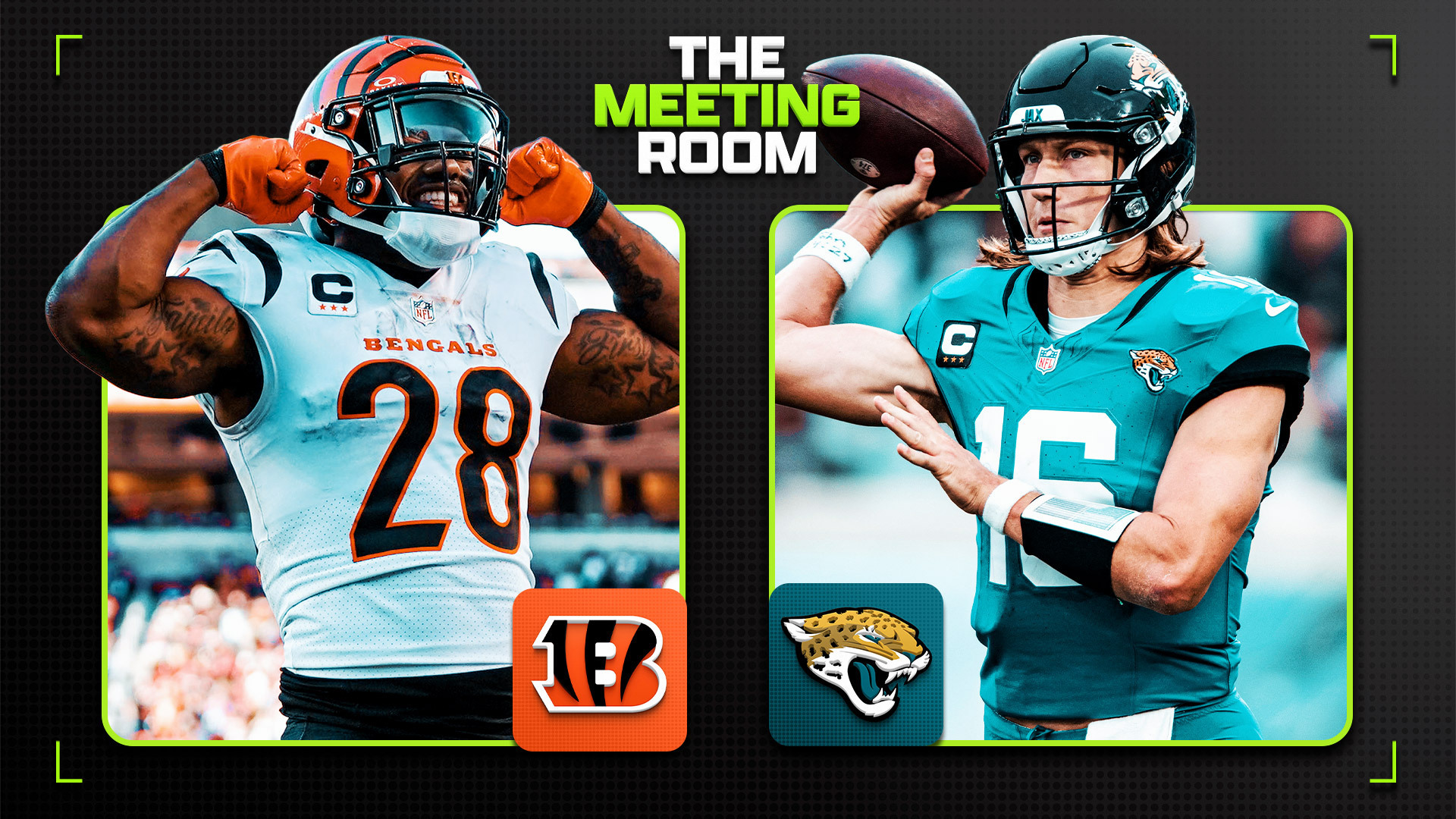Image of Joe Mixon on the left and Trevor Lawrence on the right with text reading "the Meeting Room" in the middle