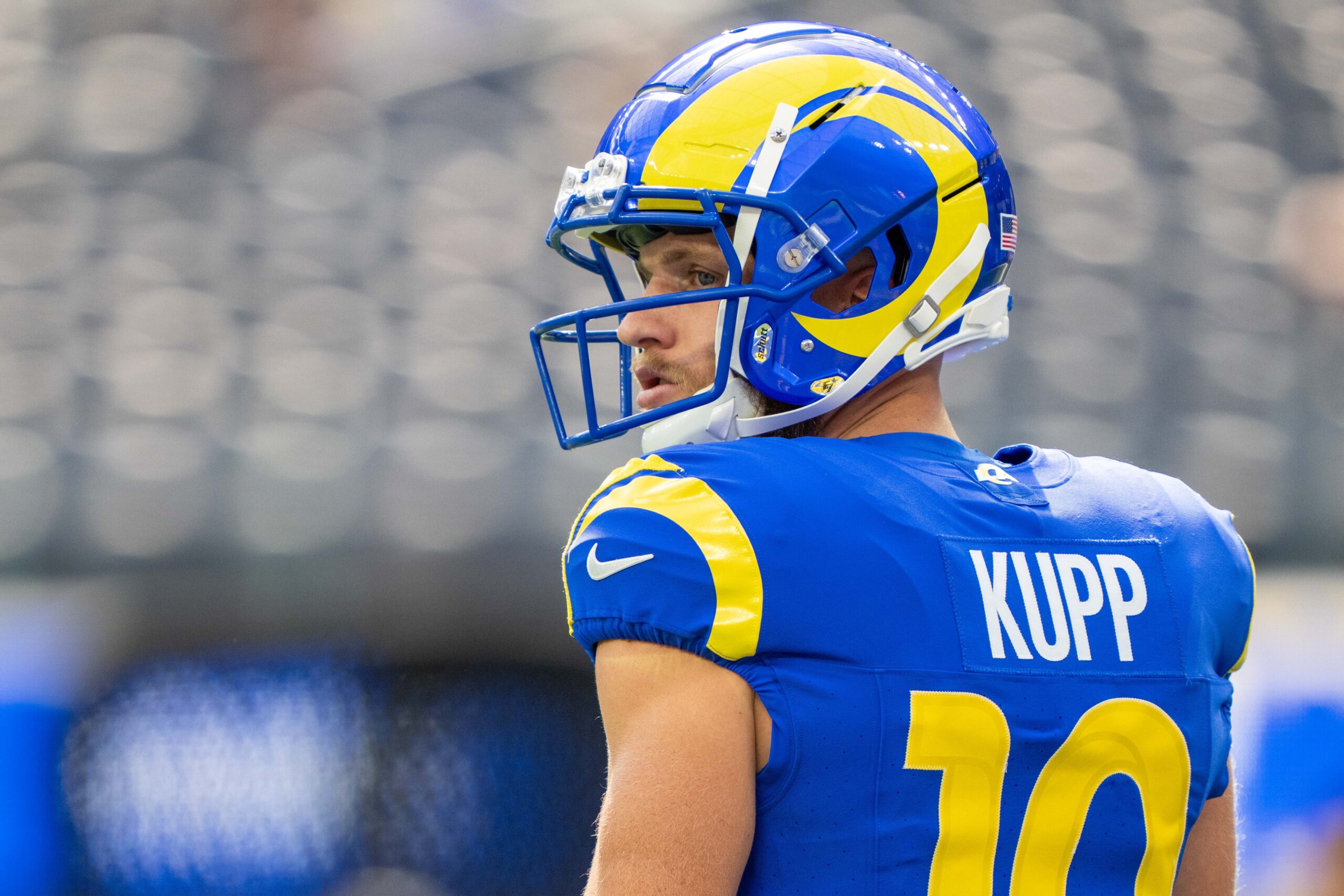 Cooper Kupp looks over his left shoulder