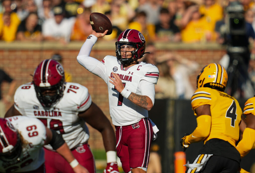 Spencer Rattler throws a pass vs. Missouri