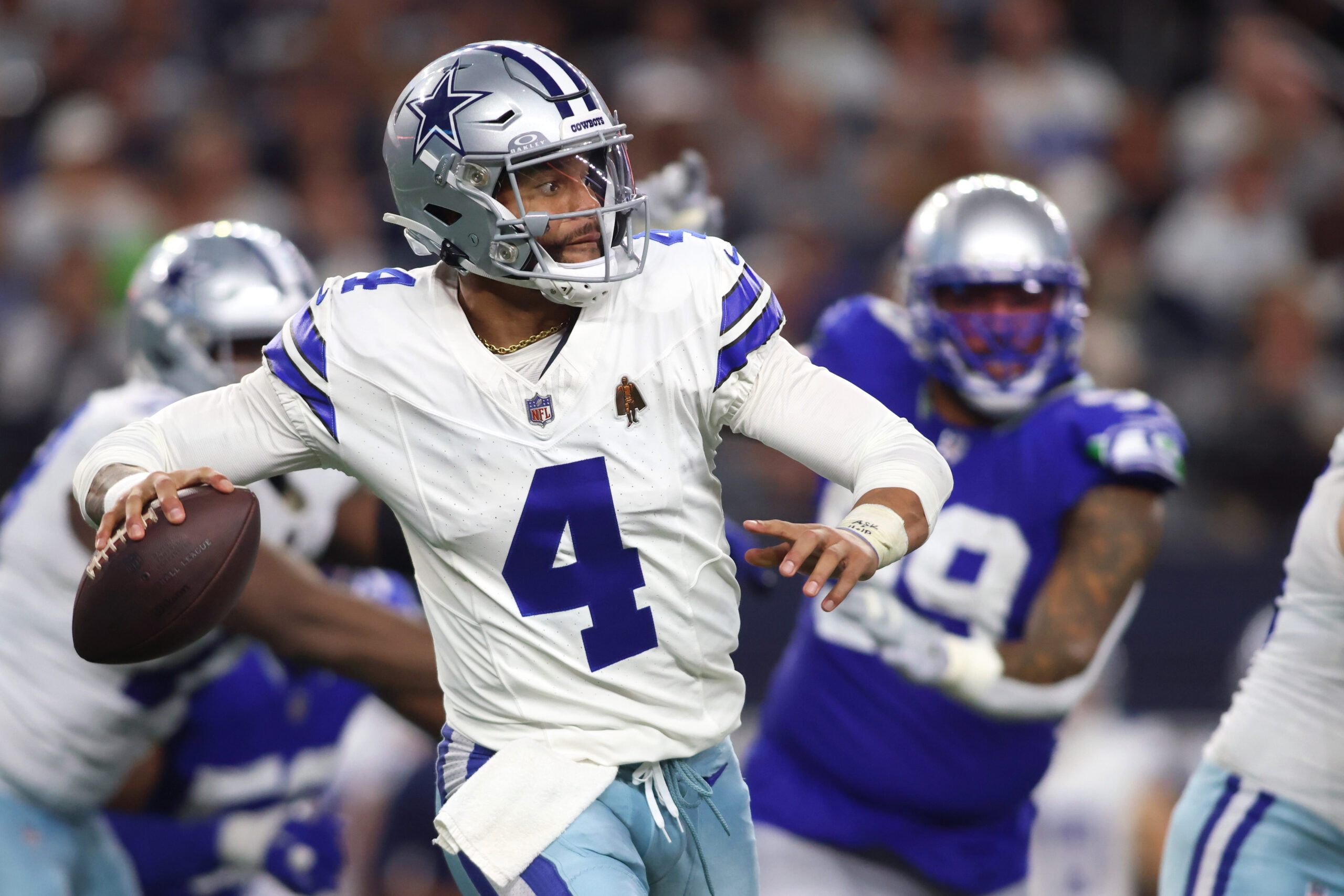 Dak Prescott looking to throw the ball vs. the Seahawks