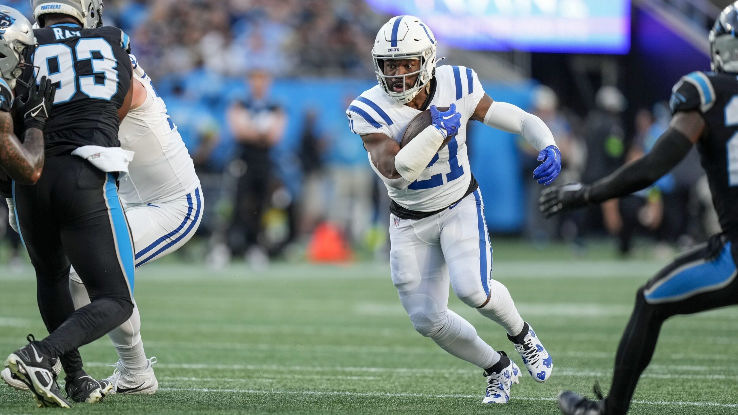 Zack Moss carries the ball vs. Carolina Panthers