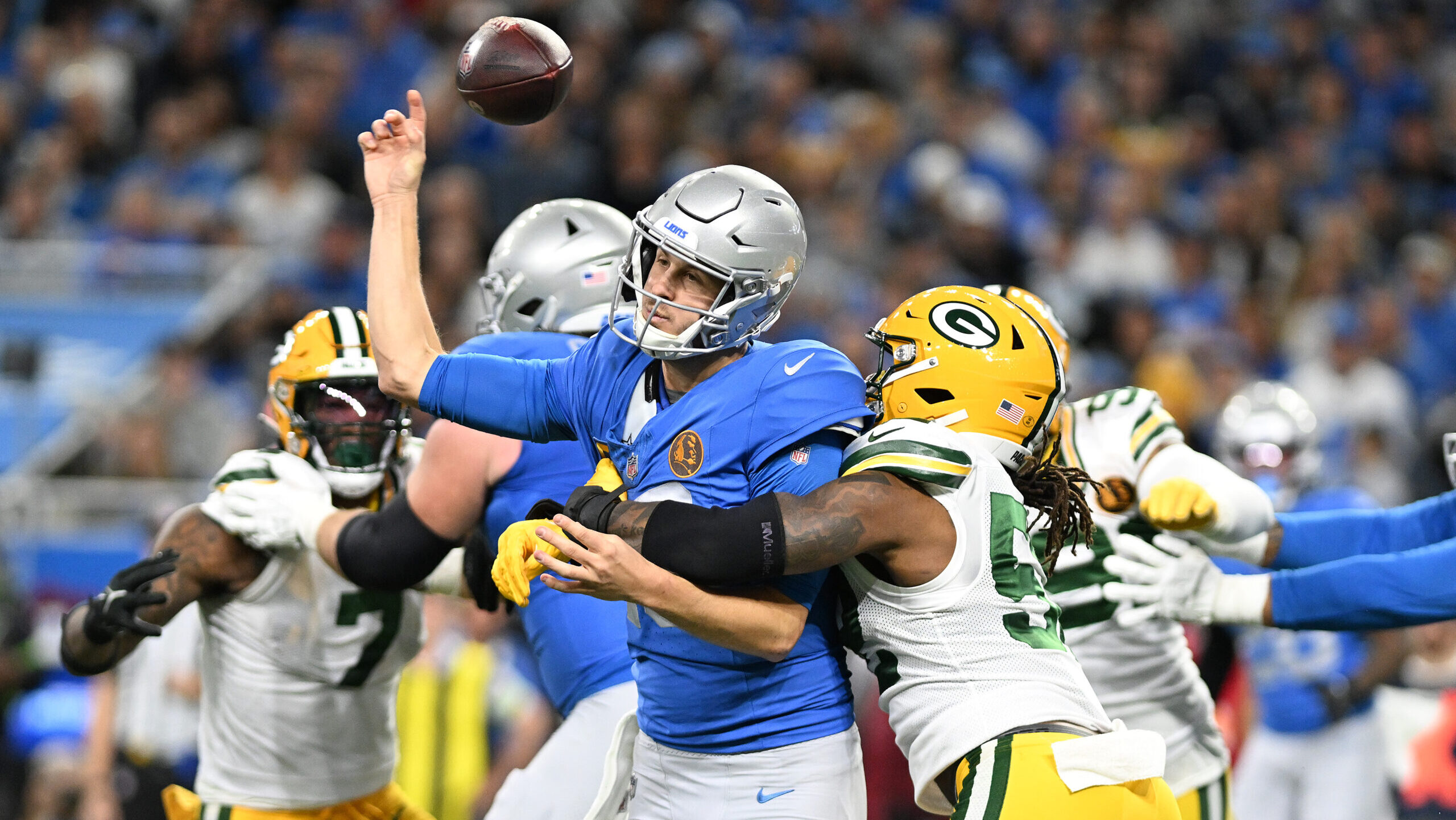 Jared Goff gets sacked by Rashan Gary