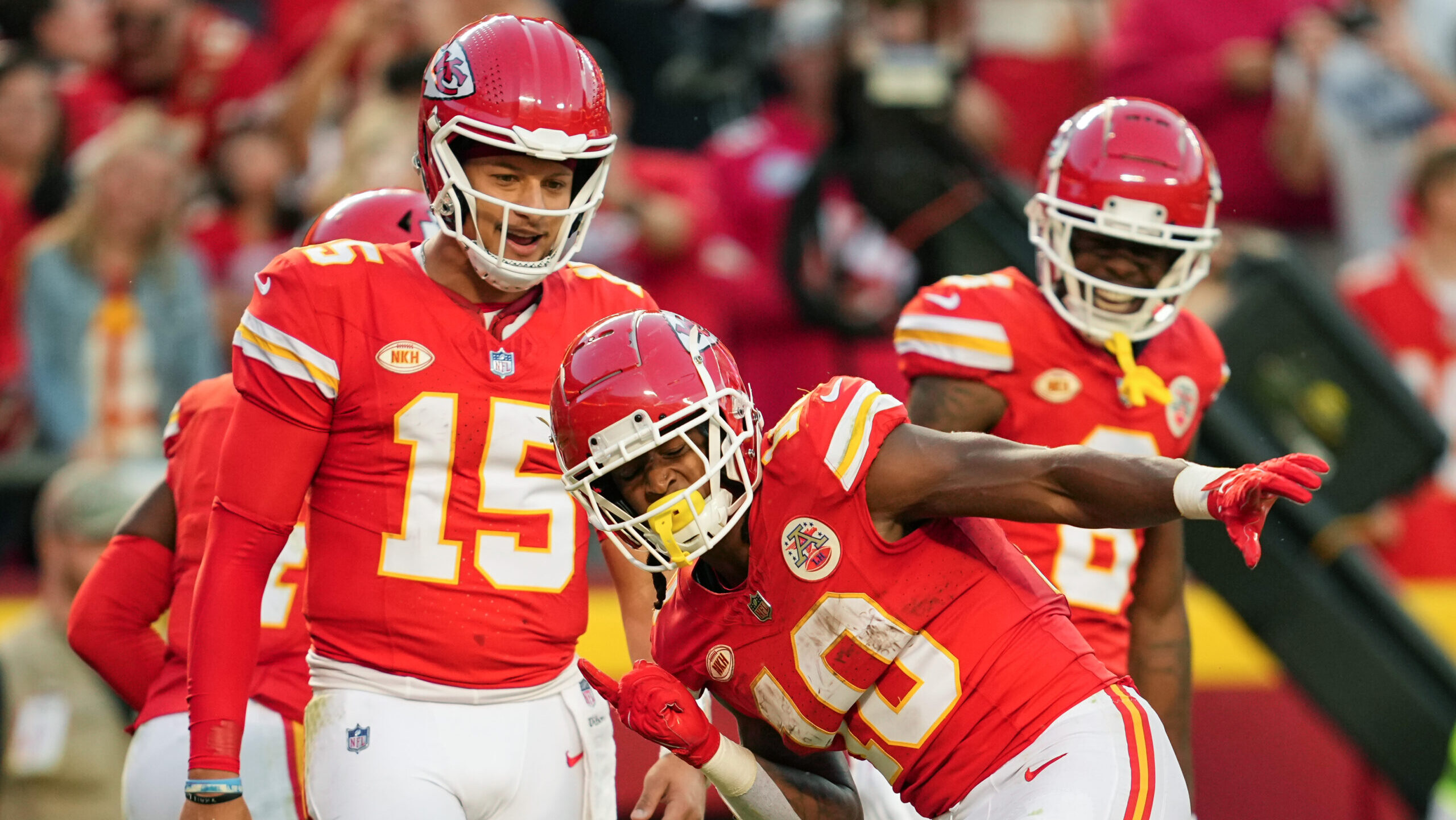 Kansas City Chiefs RB Isiah Pacheco celebrates with QB Patrick Mahomes