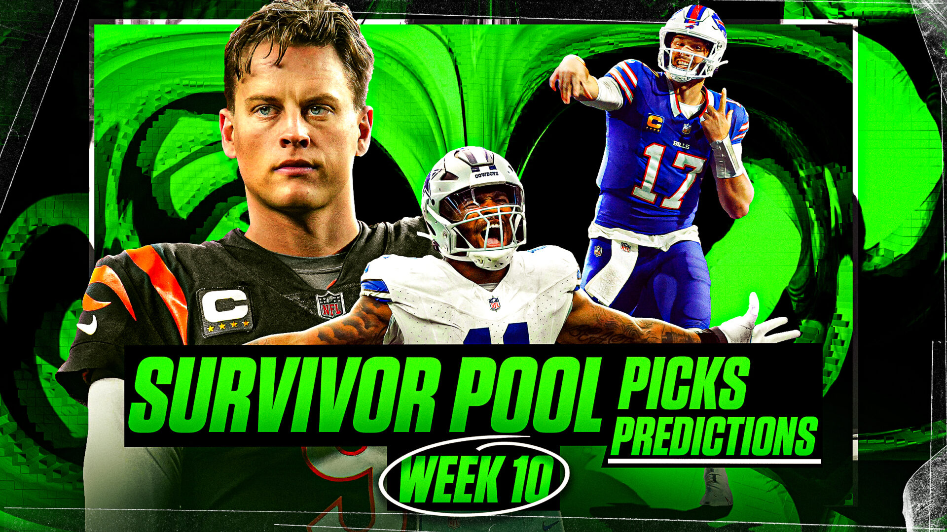 Week 10 survivor pool graphic featuring images of Joe Burrow, Micah Parsons and Josh Allen