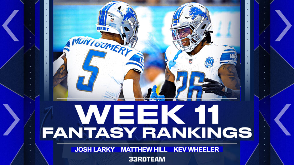 Week 11 Fantasy Rankings, Jahmyr Gibbs and David Montgomery.