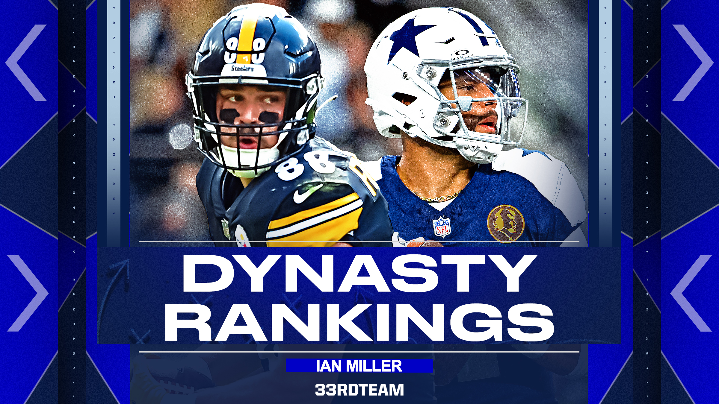 Images of Pat Freiermuth and Dak Prescott with text that reads "Dynasty Rankings/Ian Miller/the 33rd Team"