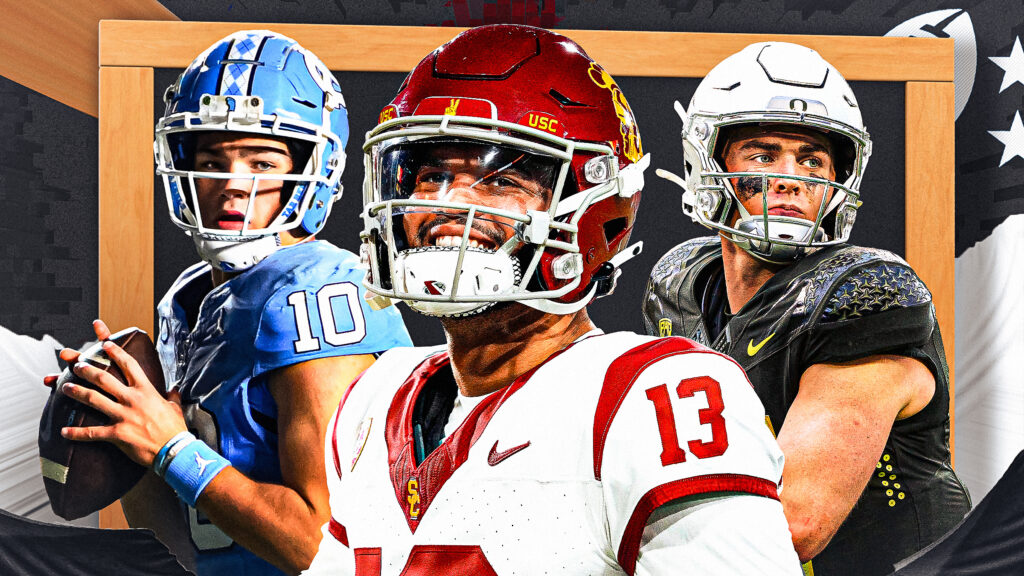 Graphic with cutouts of Drake Maye, Caleb Williams and Bo Nix