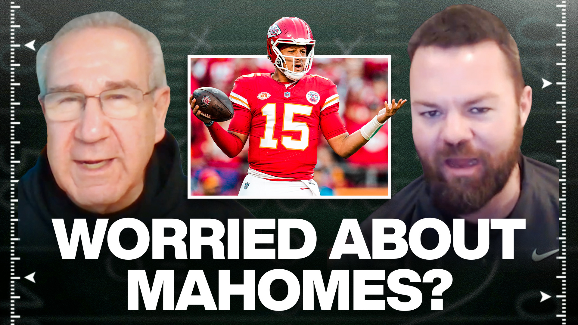 Screenshot of Greg Cosell on left and Andy Benoit on right, with an inserted image of Patrick Mahomes in the center. Text reads: "Worried About Mahomes?"