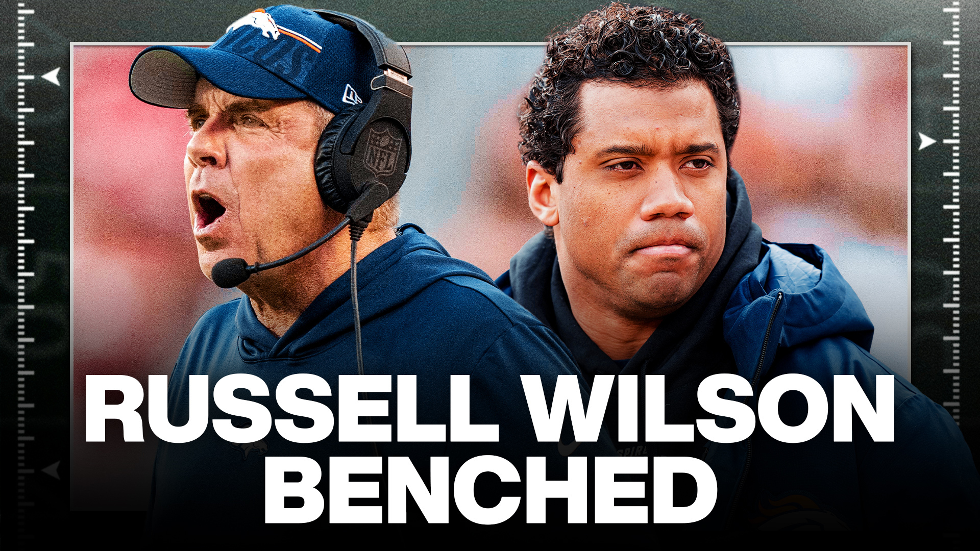Screen grab of Sean Payton on the left and Russell Wilson on the right with text reading "Russell Wilson benched"