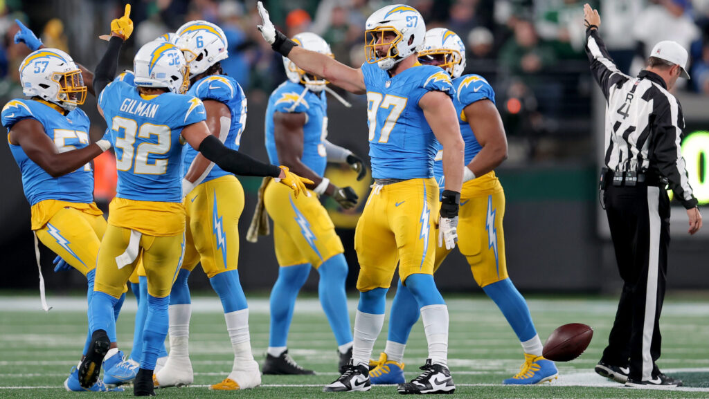 Joey Bosa celebrates with Chargers defense