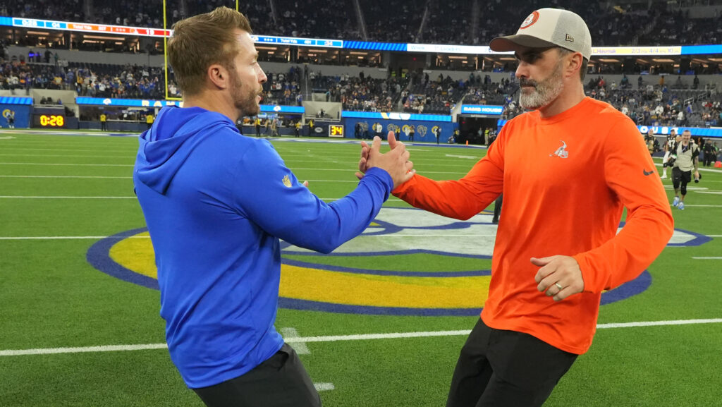 Sean McVay and Kevin Stefanski meet at midfield.