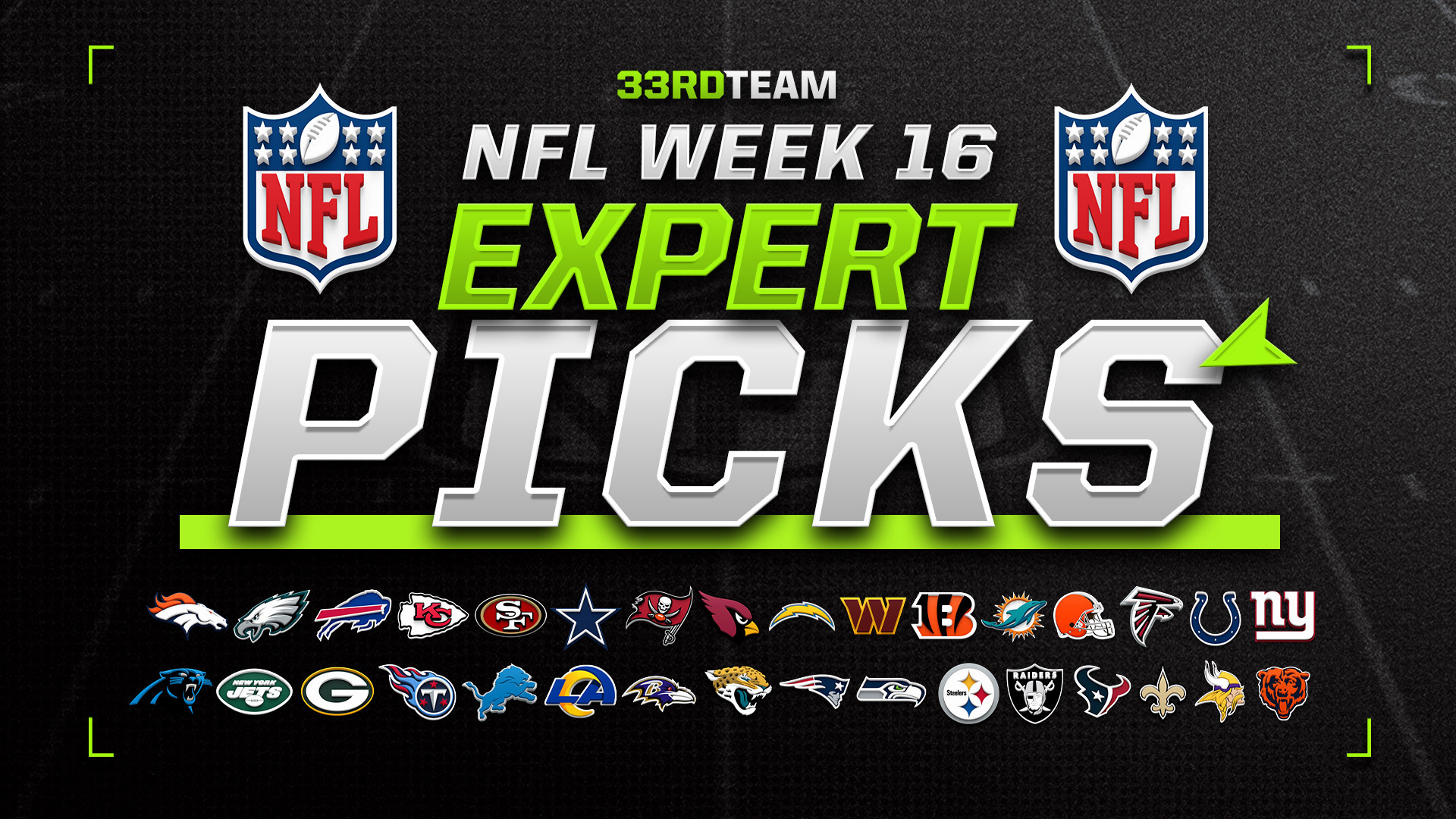 Text reads "NFL Week 16 Expert Picks" with icons of all 32 team logos