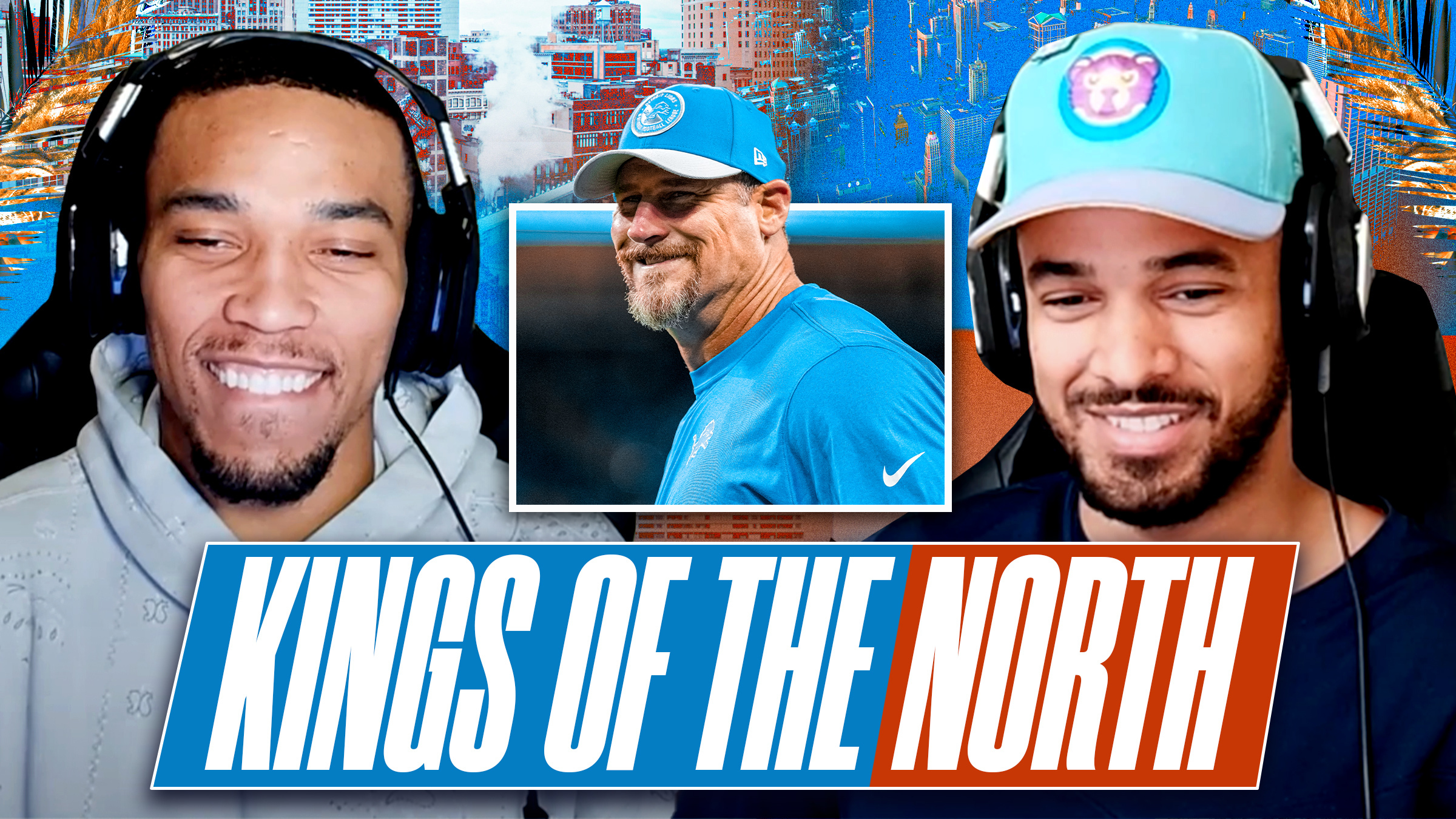 Screenshot from St. Brown Brothers podcast with Amon-Ra on the left, Equanimeous on the right and a photo of Dan Campbell between the two. Text reads: "Kinds of the North"